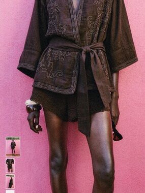 NWT Zara Embroidered Tie-Waist Brown Kimono-style Jacket - Sz XSmall